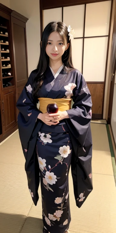 (masutepiece, Best Quality:1.4), Beautiful face, 8K, 85 mm, absurderes, ((FULL BODYSHOT:1.3))、((traditional Japanese room（With futon）))、(Floral pattern long-sleeved kimono:1.4), cowboy  shot、((drinking wine:1.4))、violaceaess, gardeniass, Delicate girl, Solo, Variety of hairstyles、Night, Looking at Viewer, Upper body, Film grain, chromatic abberation, Sharp Focus, face lights, Professional Lighting, Sophisticated, (Smile:0.4), (Simple background, Bokeh background:1.2), Detail Face