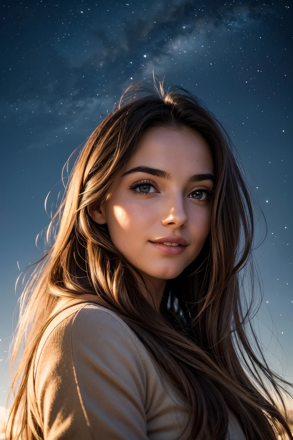 Low angle shot, night photography, in the countryside, under the winter starry sky,
1 gorgeous woman,
23 ans,
subtle smile,
flirts with the camera,
she’s a model, sensual pose,
(European girl:1.2), (random hair:1.3),
(Realistic hair:1.2),
(realistic eyes:1.2),
(Beauty face:1.3),
perfect body,
perfect hands,
Kodak gold 200,
National Geographic style,
Best quality, ultra highres, (photoreallistic:1.4), 8k,