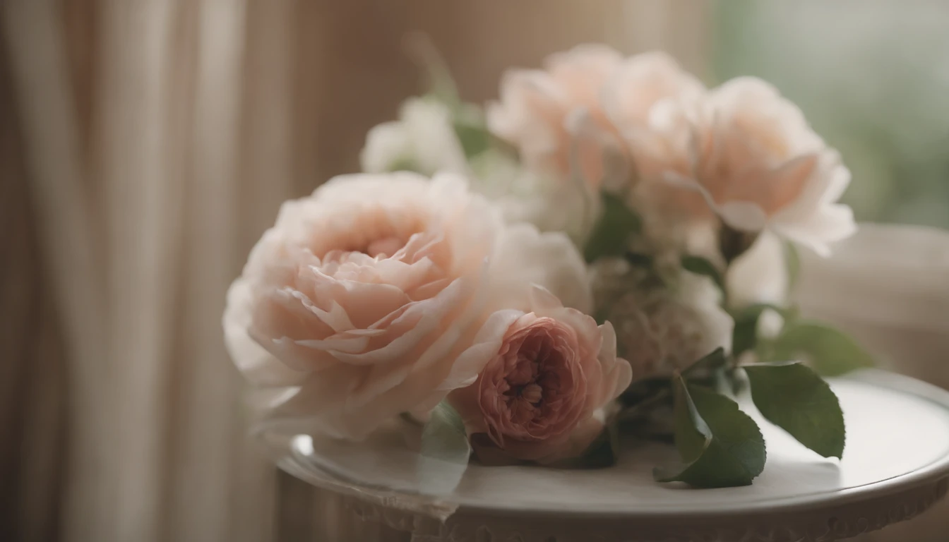 Capture a detail shot of a softly blurred floral arrangement, showcasing the delicate shapes and pastel tones that create a soft and romantic background