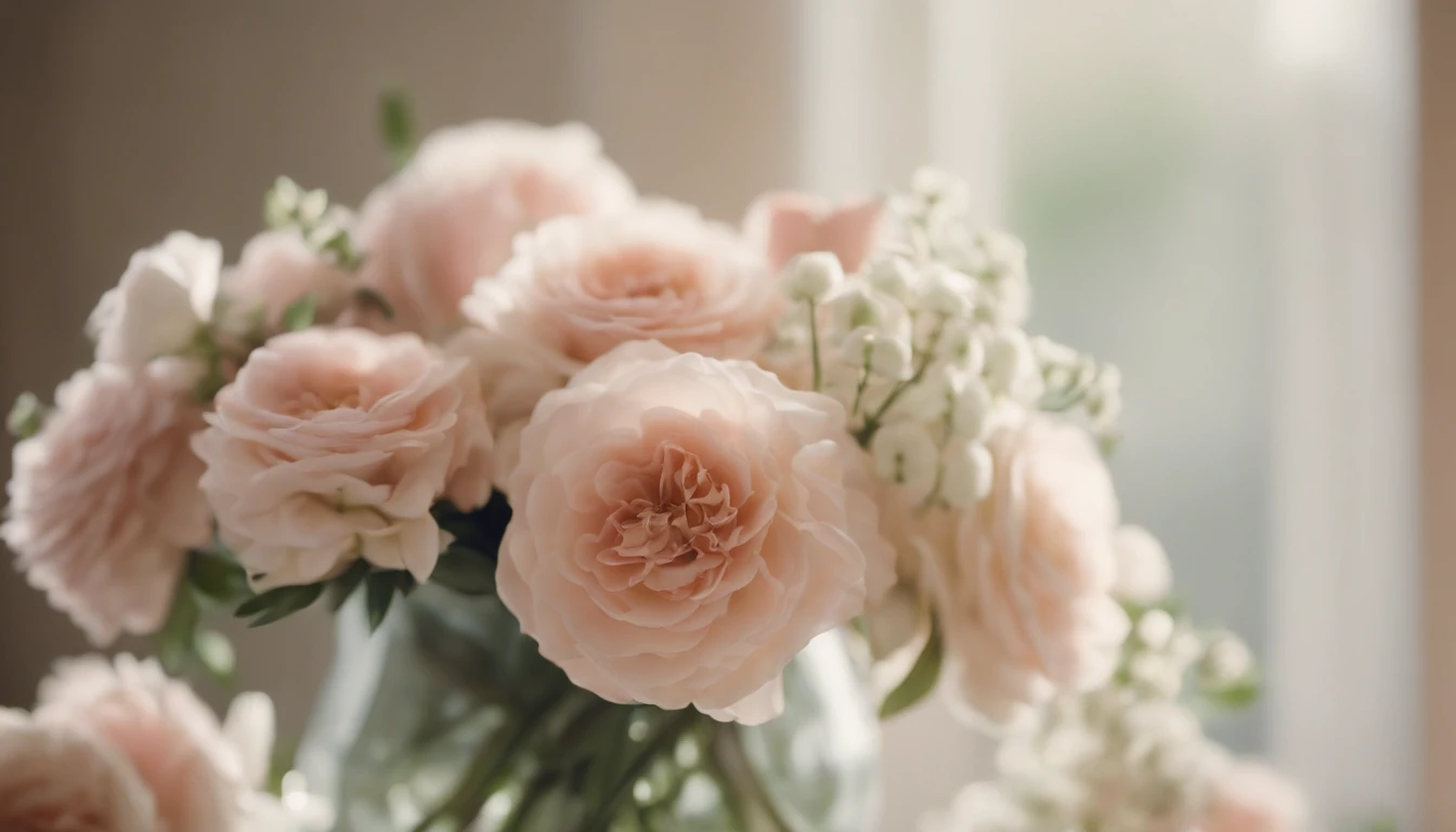 Capture a detail shot of a softly blurred floral arrangement, showcasing the delicate shapes and pastel tones that create a soft and romantic background