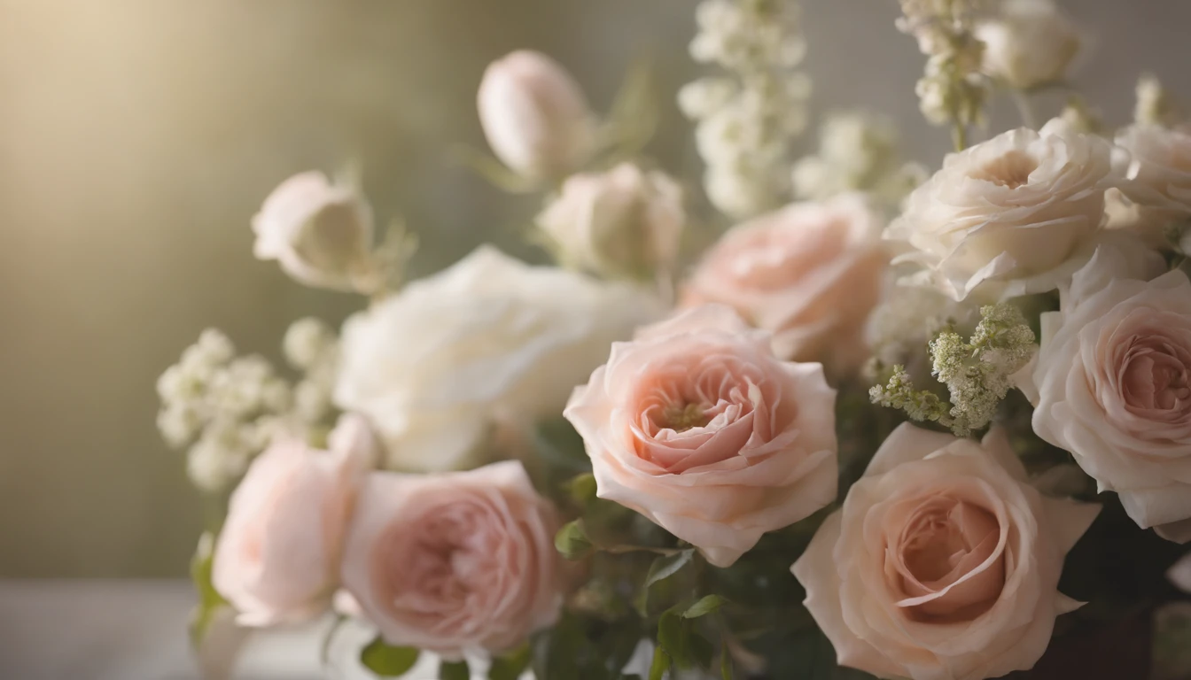 Capture a detail shot of a softly blurred floral arrangement, showcasing the delicate shapes and pastel tones that create a soft and romantic background