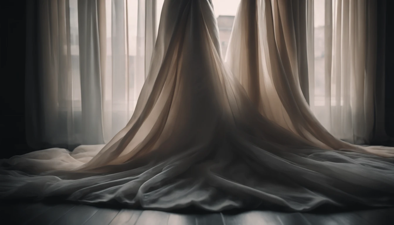 Capture a dynamic action shot of a soft, flowing curtain or fabric, capturing the ethereal movement and creating a soft and dreamlike background
