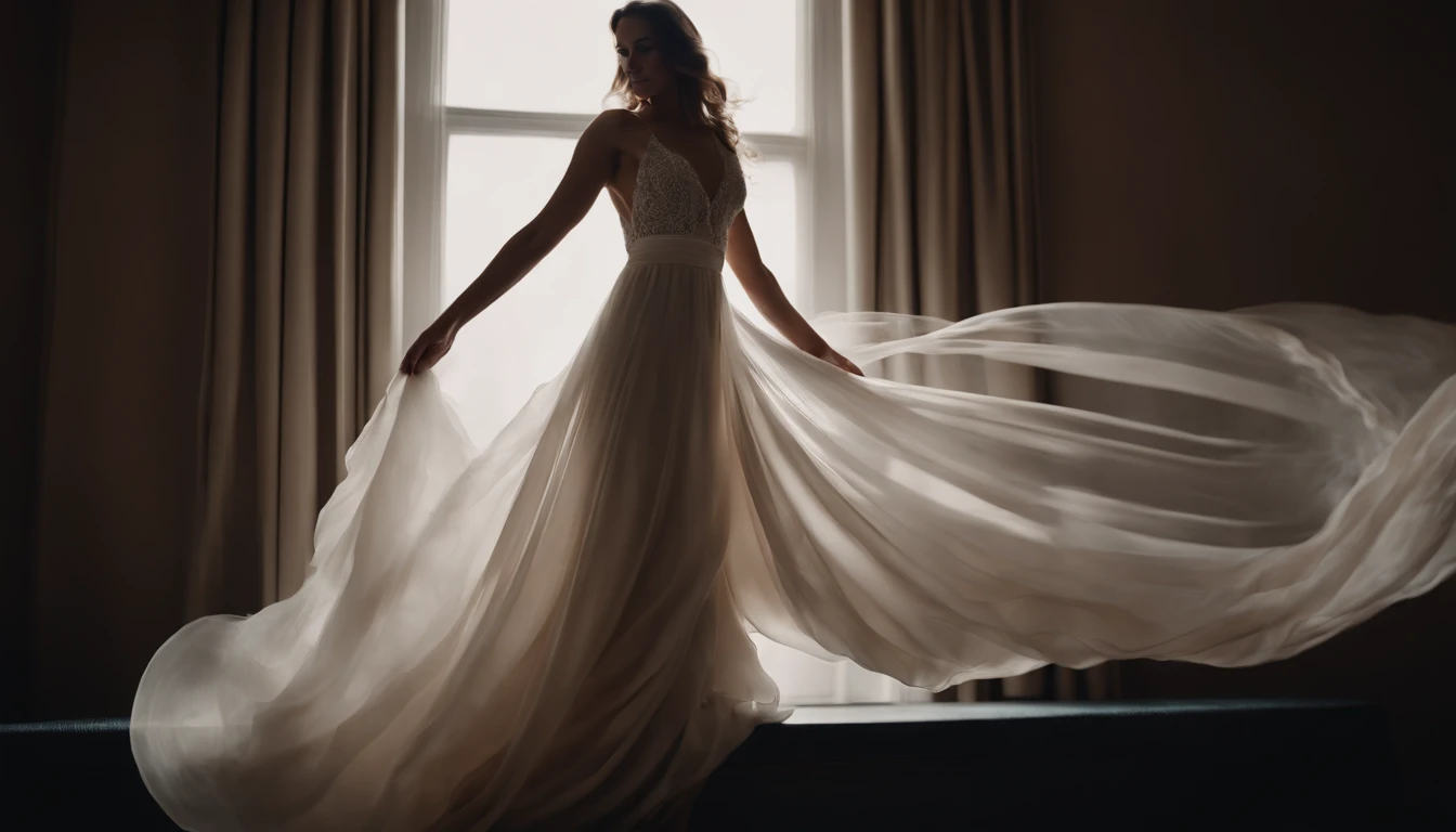 Capture a dynamic action shot of a soft, flowing curtain or fabric, capturing the ethereal movement and creating a soft and dreamlike background