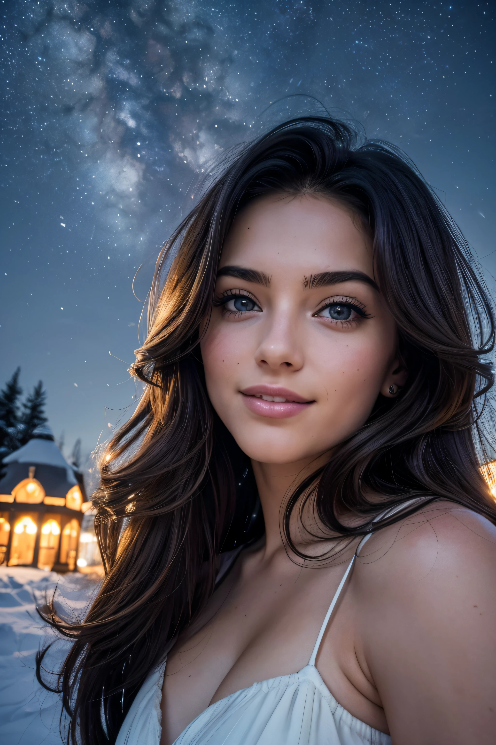 Low angle shot, night photography, in the countryside, under the winter starry sky,
1 gorgeous woman,
23 ans, 
subtle smile, 
flirts with the camera,
she’s a model, sensual pose, 
(European girl:1.2), (random hair:1.3),
(Realistic hair:1.2),
(realistic eyes:1.2),
(Beauty face:1.3),
perfect body, 
perfect hands, 
Kodak gold 200, 
National Geographic style,
Best quality, ultra highres, (photoreallistic:1.4), 8k,