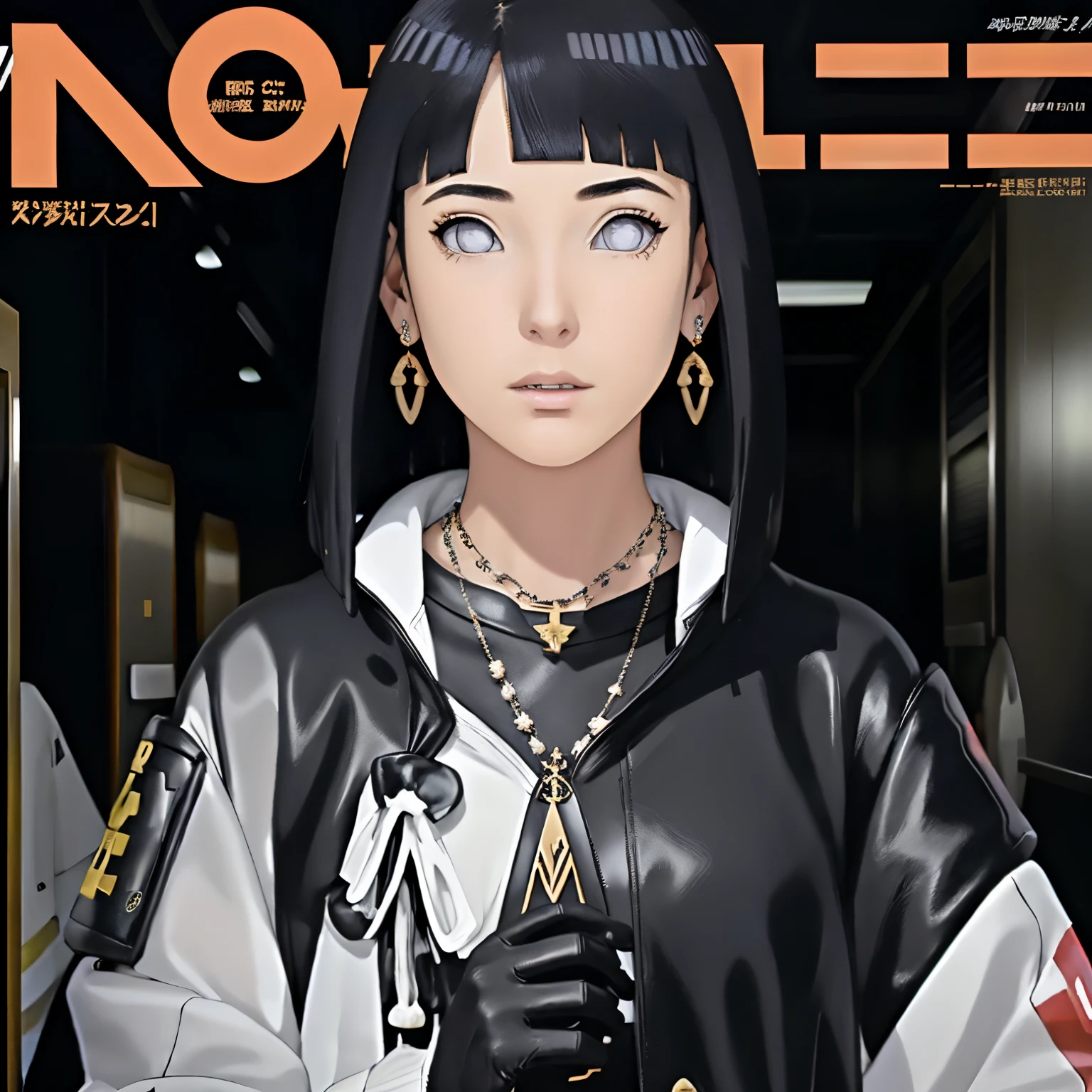 magazine scan,(magazine cover:1.2), cover text, text,( magatama necklace:1.1), wlop, 1girl, black gloves, black open jacket, character request, commentary, earrings, double v, jewelry, long hair, looking down, perfect flowing hair, solo