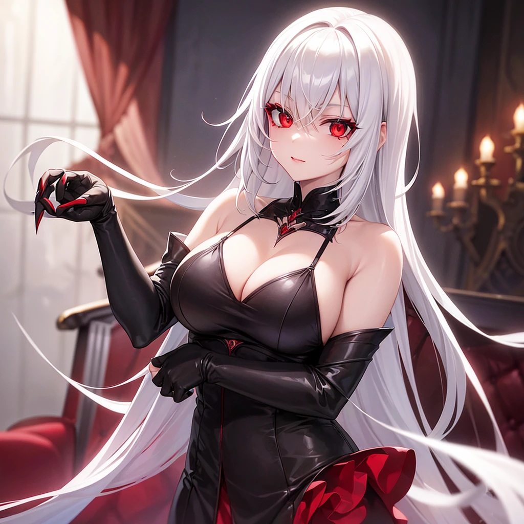 one beautiful female vampire, red eyes, white hair, long black nails