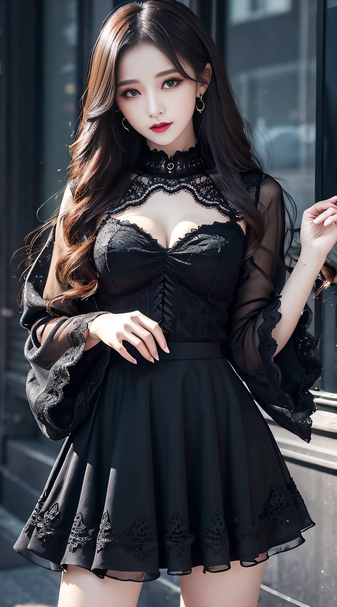 Ultra-detailed、Fascinating beauty、Dainty woman、Cool Girl、Wavy Hair、Black chiffon dress、Wide sleeves、flered skirt、Evil Female Executive、Evil Fall、brainwash、lacy fabric、Glossy legs、black lipstick、Evil look、Suspicious look、Hollow eyes、wicked、Reaching out、Put your right hand forward