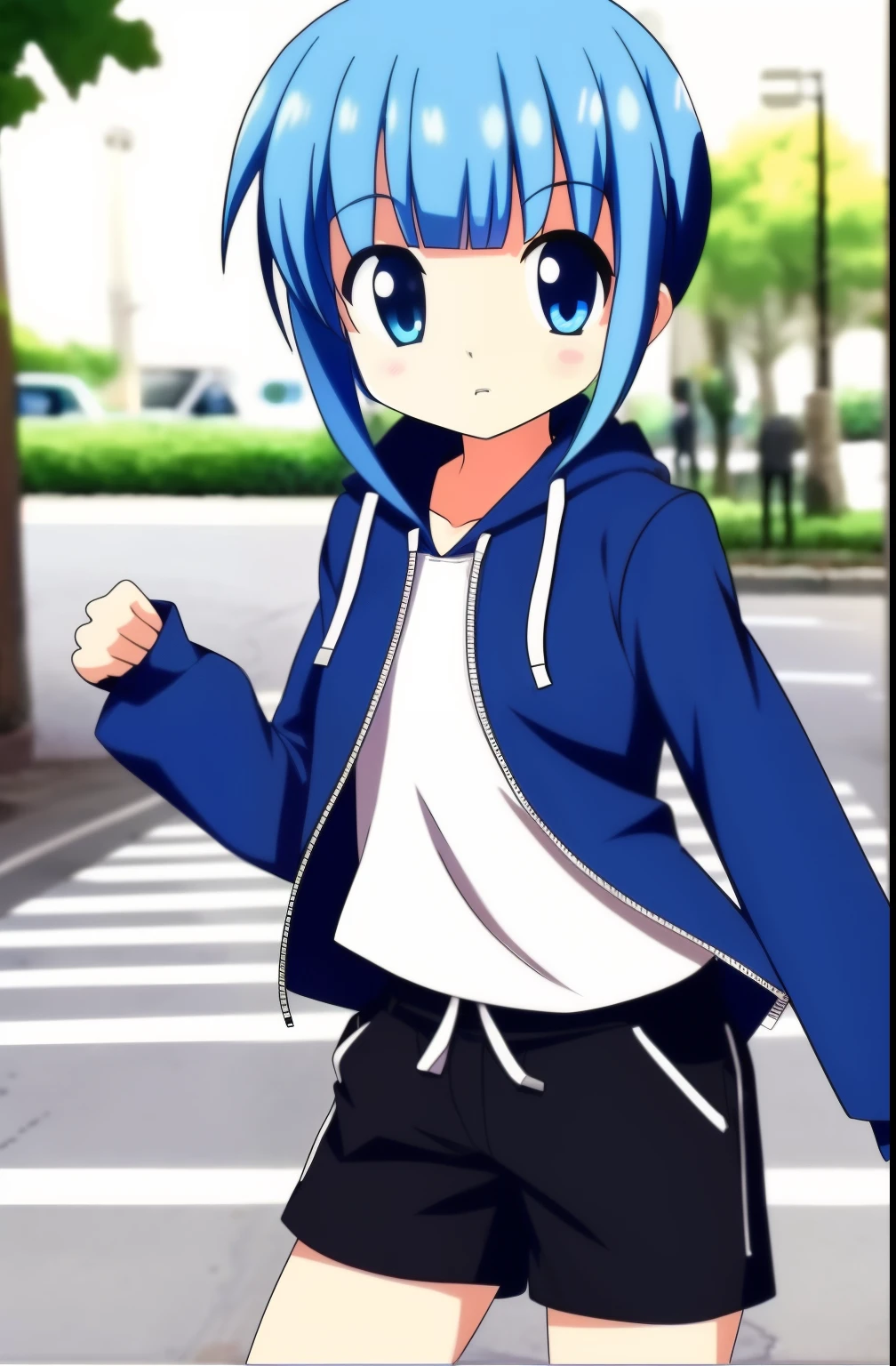 2000s anime cels style, Cartoon style of the 2000s, (flat color:1.2), vivid colors, retro anime, 2000s anime, 2000s anime, early 2000's inspired anime, early 2000's esthetics, rem rezero, blue hair, blue eyes, detailed eyes, cheerful face, blue jacket hoodie, white shirt, dark shorts, casual oufit, medium breasts, legs apart, middle of the street,