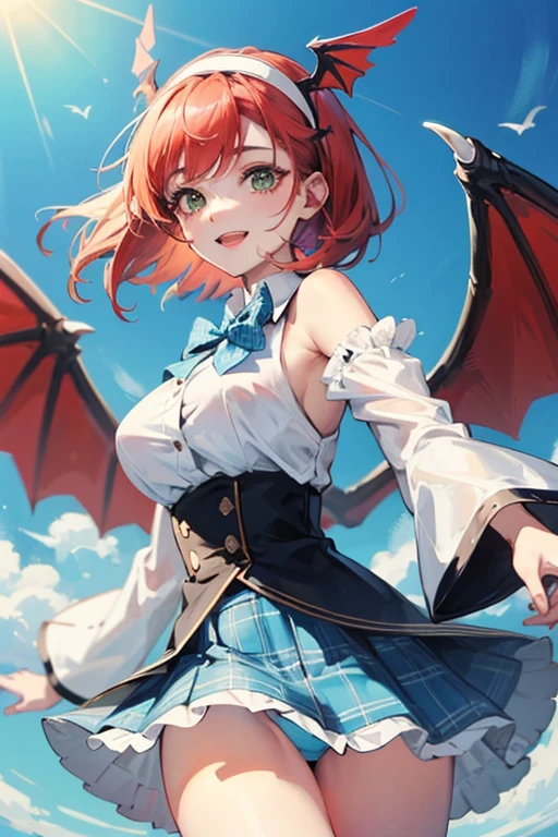 girl smiling slightly,Red Short Bob,Green eyes,large full breasts,Black Blazer School Uniform,Hair band on the head,wearing a hairband,Bow tie on chest,light blue bowtie,plaid skirts,Fluttering skirt,Light blue panties are slightly visible under the skirt.,Looking up from under your feet,Soaring in the sky,Floating in mid-air,Bat's wings,The background is only a blue sky