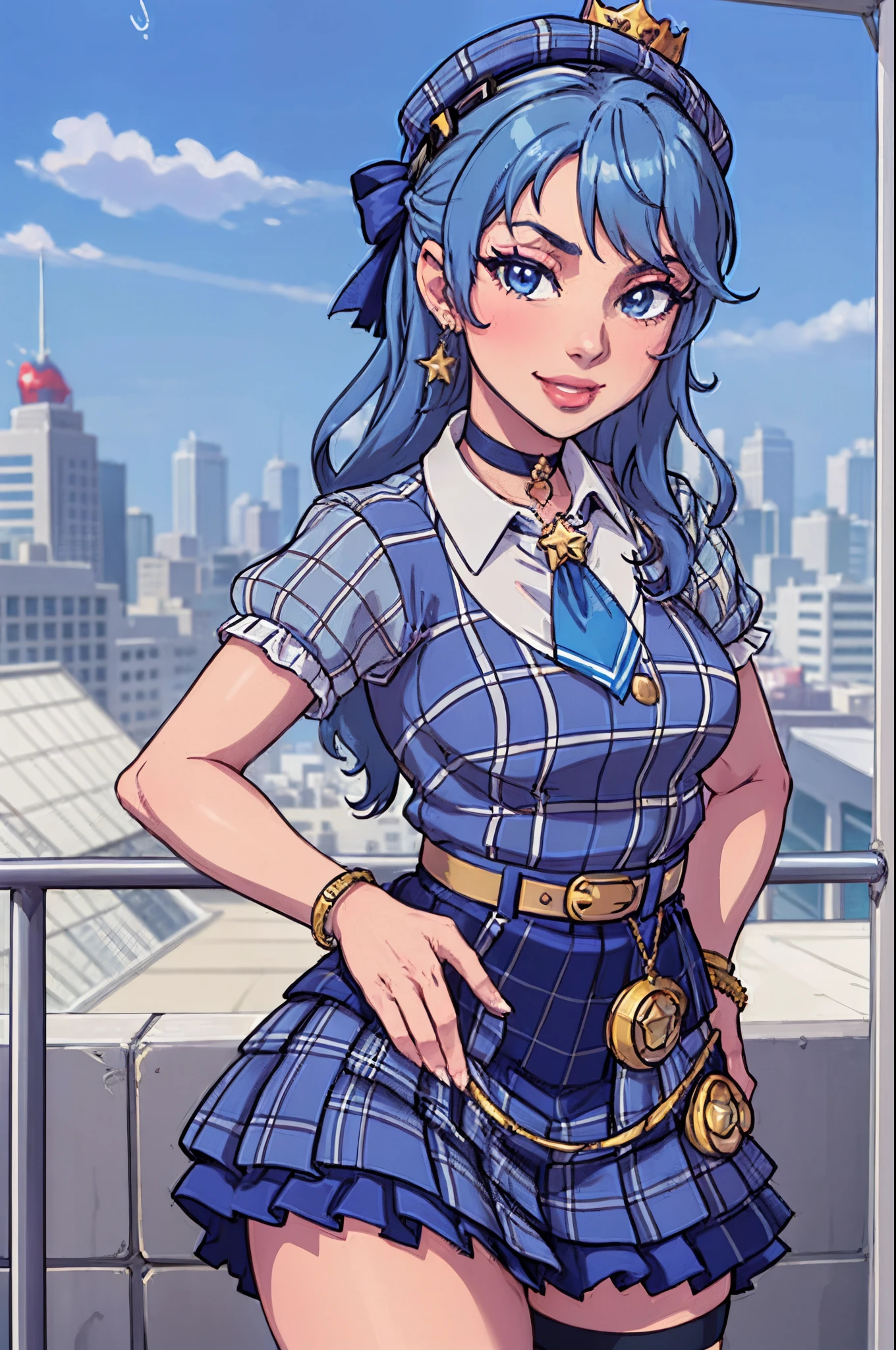 (masterpiece, official art), 1girls, solo, SuiseiBase, plaid beret, crown, blue star choker, star earrings, blue ascot, plaid jacket, plaid skirt, layered skirt, partially fingerless gloves, star bracelet, uneven legwear, thigh strap, (closeup), portrait, (outdoors, at day, rain, at city), looking at viewer, (upper body), smile, seductive, alluring attire