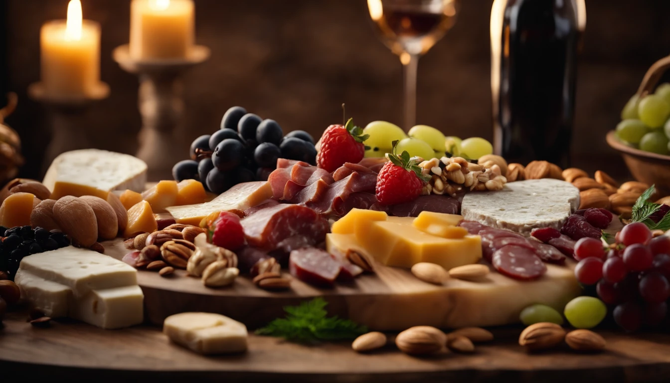 Capture a close-up shot of a beautifully arranged charcuterie board, showcasing an assortment of savory meats, cheeses, fruits, and nuts in a visually appealing and appetizing display