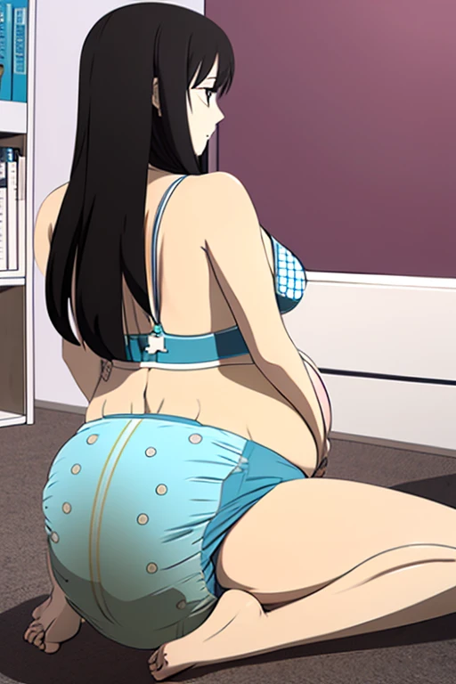 Anime woman enormous bloated diaper mess, huge breast, huge pregnant belly , white bra, back end, sitting