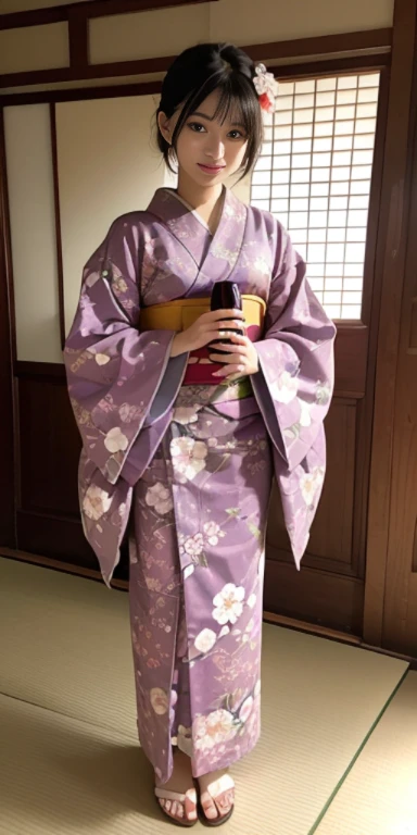 (masutepiece, Best Quality:1.4), Beautiful face, 8K, 85 mm, absurderes, ((FULL BODYSHOT:1.3))、((traditional Japanese room（With futon）))、(Floral pattern long-sleeved kimono:1.4), cowboy  shot、((drinking wine:1.4))、violaceaess, gardeniass, Delicate girl, Solo, ((extremely short hairstyle:1.4))、Night, Looking at Viewer, Upper body, Film grain, chromatic abberation, Sharp Focus, face lights, Professional Lighting, Sophisticated, (Smile:0.4), (Simple background, Bokeh background:1.2), Detail Face