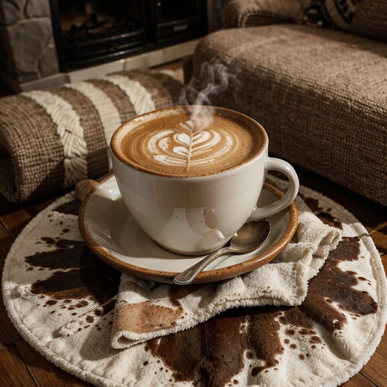 Generate an image featuring a steaming cup of coffee placed next to a cozy cowhide rug.