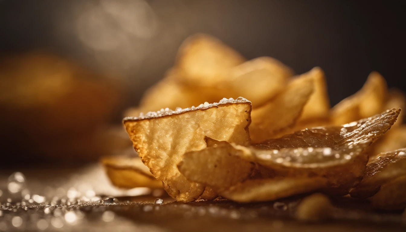 Capture a macro shot of a perfectly golden and crispy potato chip, highlighting its texture and the delicate salt crystals on its surface