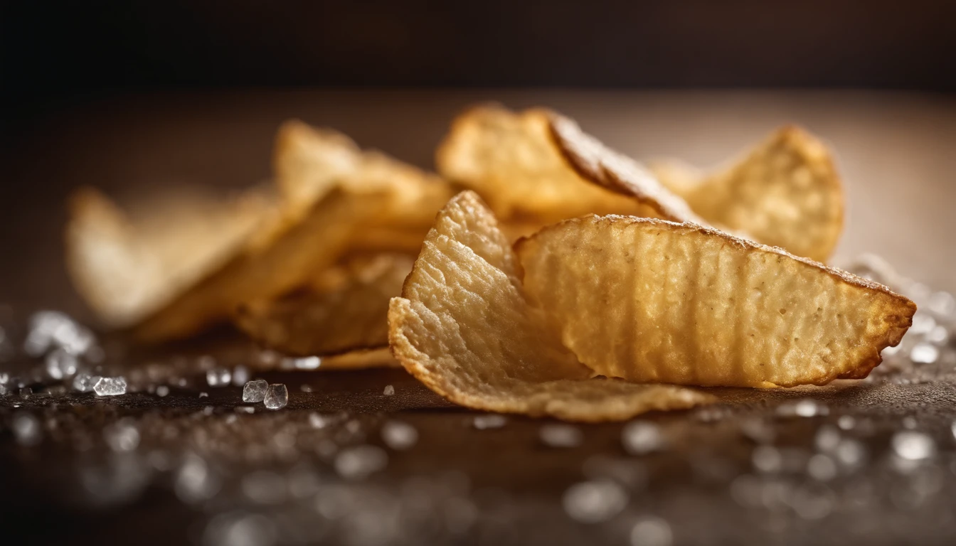 Capture a macro shot of a perfectly golden and crispy potato chip, highlighting its texture and the delicate salt crystals on its surface