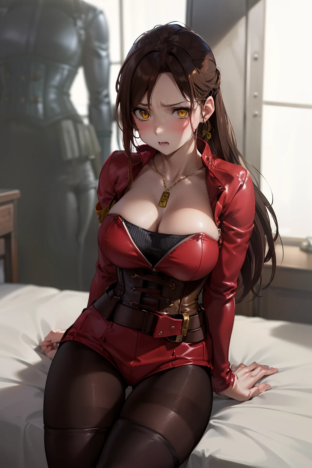 masutepiece, Best Quality, 1girl in, (Claire Redfield), Brown hair, (Yellow eyes:1.2),((bontage))、((thigh high boots))、((pantyhose))、((Bedroom))、length hair、poneyTail、((embarassed expression))、((corsets))、(Photo from below)、