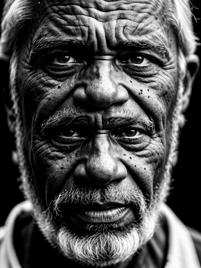 ultra-detailed, best quality, photorealistic:1.37, 4k, realistic, portrait, photography, old man, black and white, portrait closeup, high contrast, very black, hard vignetting, in the style of Salgado, detailed facial features, detailed texture skin, 35mm