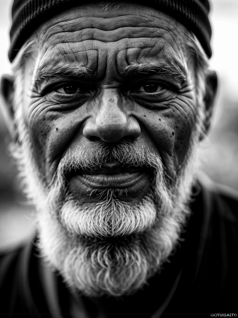 ultra-detailed, best quality, photorealistic:1.37, 4k, realistic, portrait, photography, old man, black and white, portrait closeup, high contrast, very black, hard vignetting, in the style of Salgado, detailed facial features, detailed texture skin, 35mm