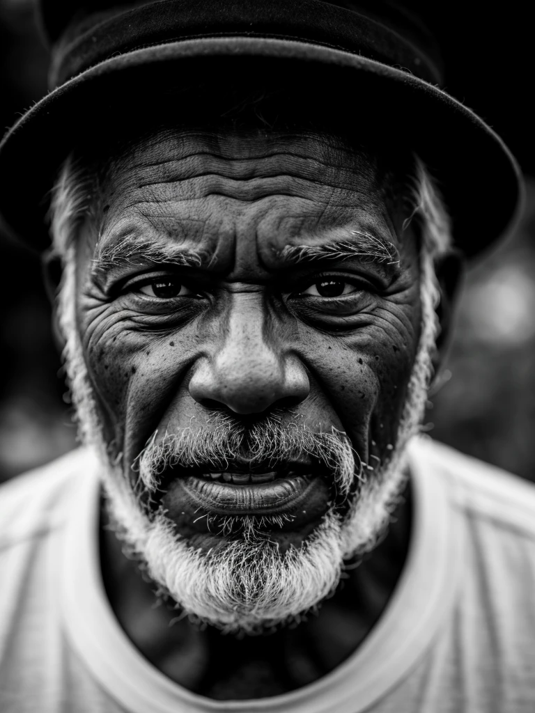 ultra-detailed, best quality, photorealistic:1.37, 4k, realistic, portrait, photography, old man, black and white, portrait closeup, high contrast, very black, hard vignetting, in the style of Salgado, detailed facial features, detailed texture skin, 35mm