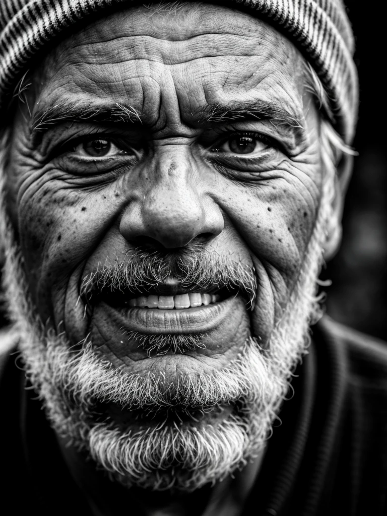 ultra-detailed, best quality, photorealistic:1.37, 4k, realistic, portrait, photography, old man, black and white, portrait closeup, high contrast, very black, hard vignetting, in the style of Salgado, detailed facial features, detailed texture skin, 35mm