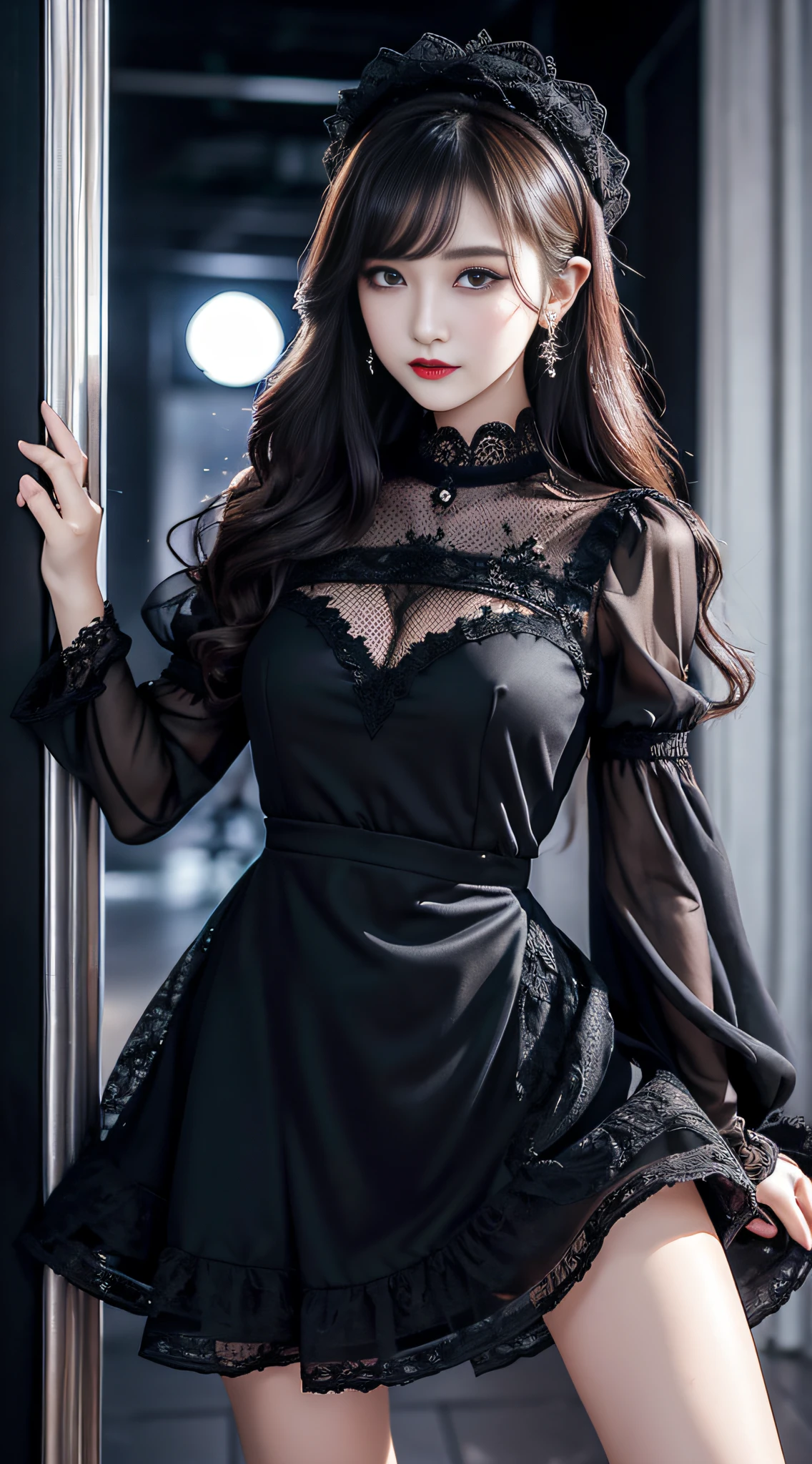 Ultra-detailed、Fascinating beauty、Dainty woman、Cool Girl、Wavy Hair、Black chiffon dress、Wide sleeves、flered skirt、Evil Female Executive、Evil Fall、brainwash、lacy fabric、Glossy legs、black lipstick、Evil look、Suspicious look、Hollow eyes、wicked、Reaching out、Put your right hand forward、Dark place