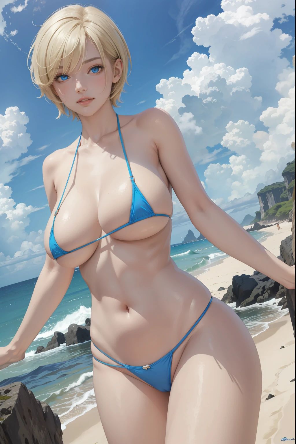 (masterpiece, best quality), 1 girl, perfect body, huge breasts, blue colored micro bikini, beach, sky, clouds, afternoon, cute pose, short blonde pixie hair, glowing blue eyes,