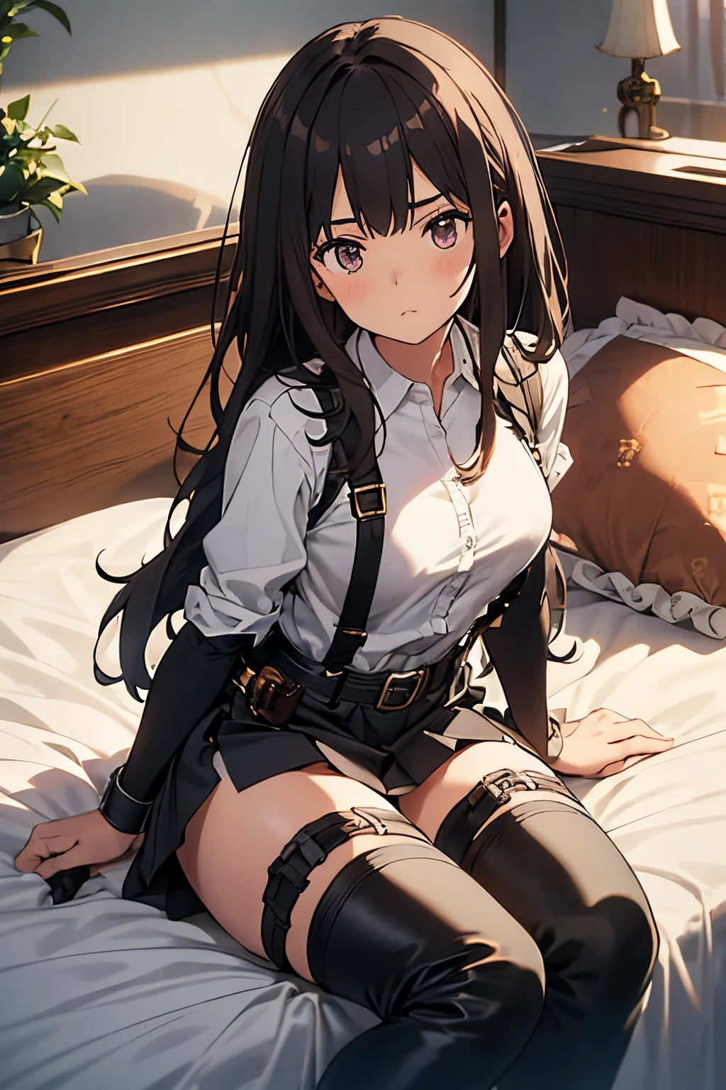 Brown hair、watching at viewers　　　black suspenders　　　Bulging big breasts　　 　 　　　walls: 　Black miniskirt　garters　　　　　　Gaze　　　Small face　bangss 　　　holster　　Belt Armament　Beautuful Women　srestrained　hands up　Lying in bed　Leg holster lying on the bed　　Gaze 　black boots panty shot