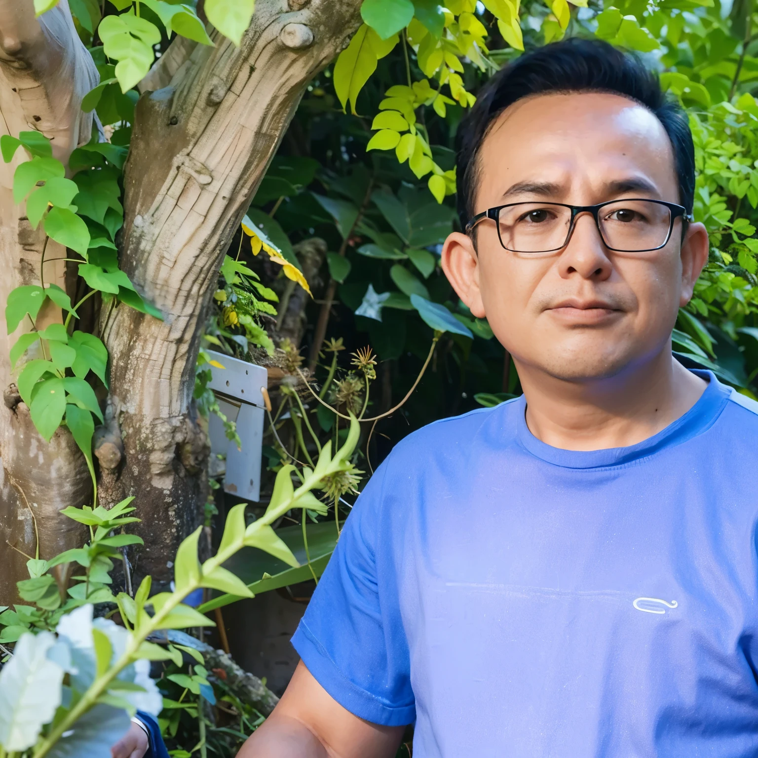There is a man who is standing in front of a tree, Arte em primeiro plano : Eloy Morales, Arauto Ortega, victor maristane, Carlos Ortega Elizalde, coberto de plantas, ao lado de uma planta, adornado com todo o tipo de plantas, Pepe Moreno, Mohamed Chahin, ignacio fernandez rios, Manuel Sanjulian, mario martinez, andres rios