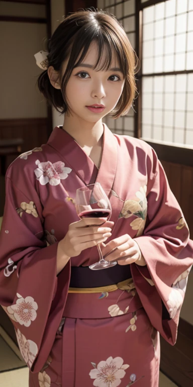 (masutepiece, Best Quality:1.4), Beautiful face, 8K, 85 mm, absurderes, ((Cowboy Shot:1.3))、((traditional Japanese room、With futon))、(Floral pattern long-sleeved kimono:1.4), cowboy  shot、((drinking wine:1.4))、violaceaess, gardeniass, Delicate girl, Solo, ((extremely short hairstyle:1.4))、Night, Looking at Viewer, Upper body, Film grain, chromatic abberation, Sharp Focus, face lights, Professional Lighting, Sophisticated, (Smile:0.4), (Simple background, Bokeh background:1.2), Detail Face