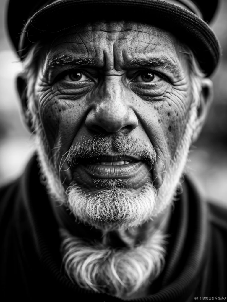 ultra-detailed, best quality, photorealistic:1.37, 4k, realistic, portrait, photography, old man, black and white, portrait closeup, high contrast, dark, low light, subject emerging from black, hard vignetting, in the style of Salgado, detailed facial features, detailed texture skin, 35mm