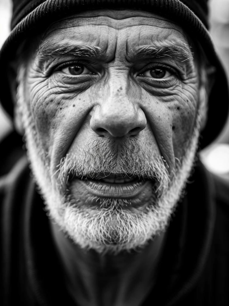 ultra-detailed, best quality, photorealistic:1.37, 4k, realistic, portrait, photography, old man, black and white, portrait closeup, high contrast, dark, low light, subject emerging from black, hard vignetting, in the style of Salgado, detailed facial features, detailed texture skin, 35mm