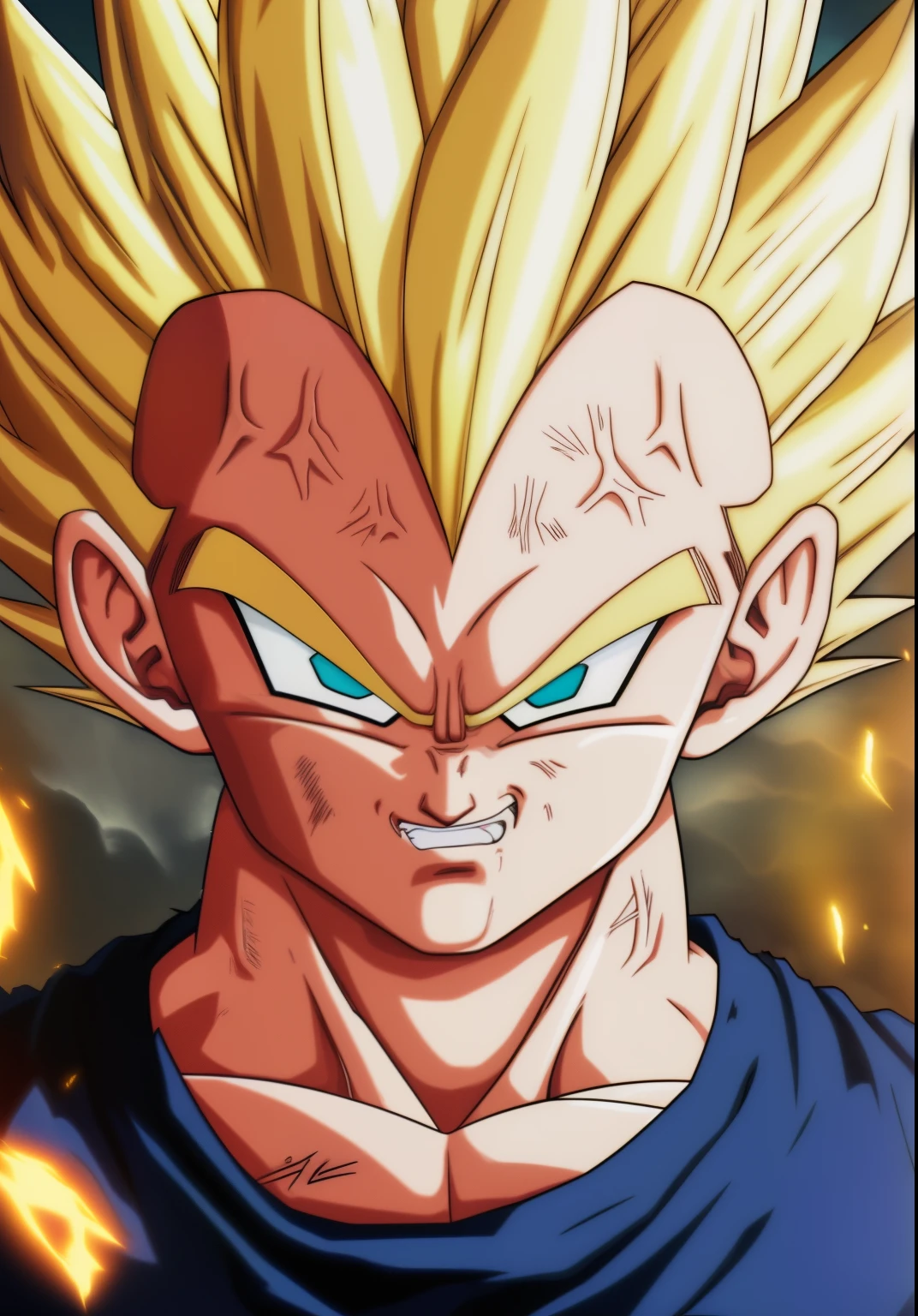 A Majin2 portrait, digital art, blonde ,blonde eyebrows,digital art, clenched fists, looking,full head,anatomically correct, (((8k resolution))) , M in front, copy of Majin Vegeta by Dragon Ball Z, 1 character  master piece,  super definition.