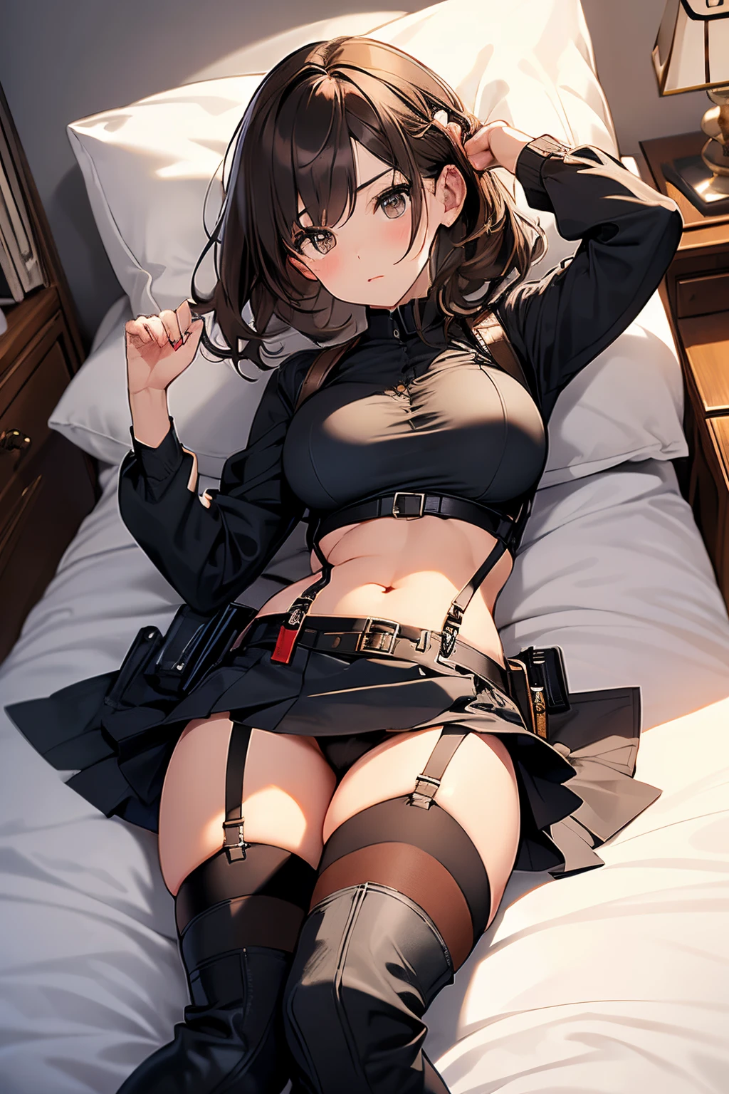 Brown hair、watching at viewers black suspenders Bulging big breasts walls: Black miniskirt garters Gaze Small face bangss holster Belt Armament Beautuful Women srestrained hands up Lying in bed Leg holster lying on the bed Gaze black boots panty shot