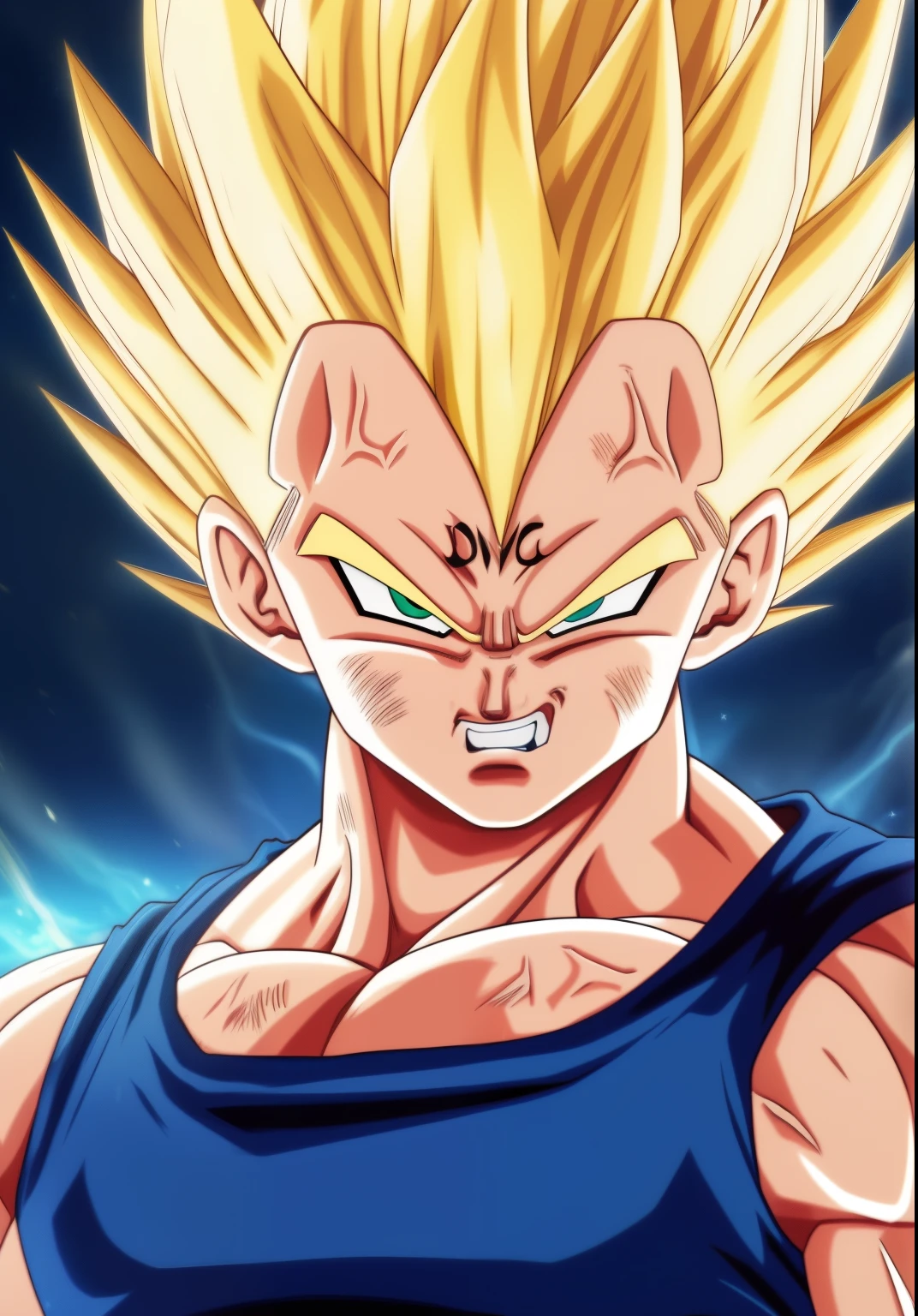 A Majin2 portrait, digital art, blonde ,blonde eyebrows,digital art, clenched fists, looking,full head,anatomically correct, (((8k resolution))) , M in front, copy of Majin Vegeta by Dragon Ball Z, 1 character  master piece,  super definition.