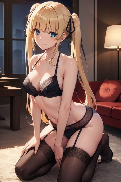 eririspencer, eriri sawamura spencer, blonde hair, blue eyes, blunt bangs, hair ribbon, hime cut, long hair, twintails, full body, full pose, ((medium BREASTS)), ((smile)), teeth, Grimace, ((kneeling)), ((black stockings)), ((black lace bra)), ((looking back)), ((living room background)), BREAK (masterpiece:1.2), best quality, high resolution, unity 8k wallpaper, (illustration:0.8), (beautiful detailed eyes:1.6), extremely detailed face, perfect lighting, extremely detailed CG, (perfect hands, perfect anatomy),