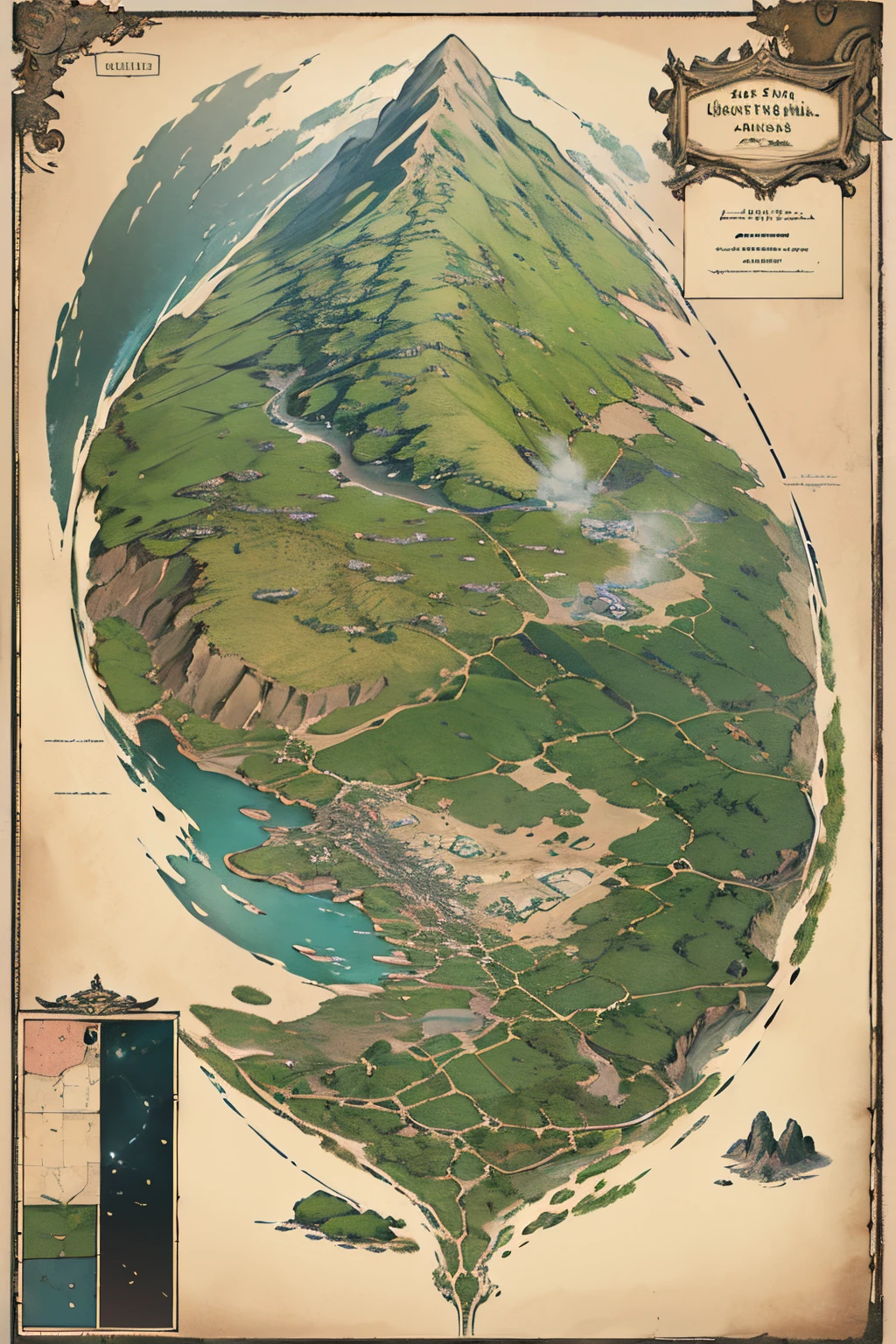 mapas antigos estilo Senhor dos Aneis, mapas de jogos online, mapa fantasia estilo Lord of The Rings，In the middle of the map are hills with lots of explorable resources，To the north of the map are highlands with volcanoes and a burning land，To the west is a basin with many lakes and forest，To the east is a plain field with several craters and some destroyed mountains.，There are many rivers，cercado pelo mar e ilhas，cartografia da fantasia，mapa do jogo，mapa detalhado，mapas da oficina steam，d＆d estilo fantasia mapa design，Lord of the Rings style top down view