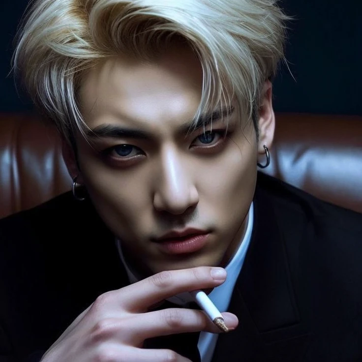 A black-haired arafed man in a suit smoking a cigarette on a sofa., Cai Xukun, Johan Liebert mezclado con Alucard, handsome japanese demon boy, Taejune Kim, jungkook, Jung Jaehyun, Es muy amenazante y malvado, Hyung Tae, Jinyoung Shin, taken in the early 2020s, beautiful androgynous prince
