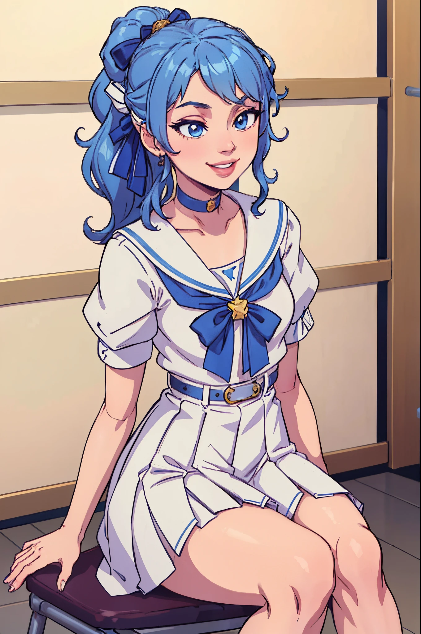 masterpiece, best quality, absurdres, perfect anatomy, SuiseiSchool, long hair, half updo, white serafuku, blue choker, blue bowtie, blue belt, white skirt, short sleeves, indoors, classroom, sitting, chair, smile