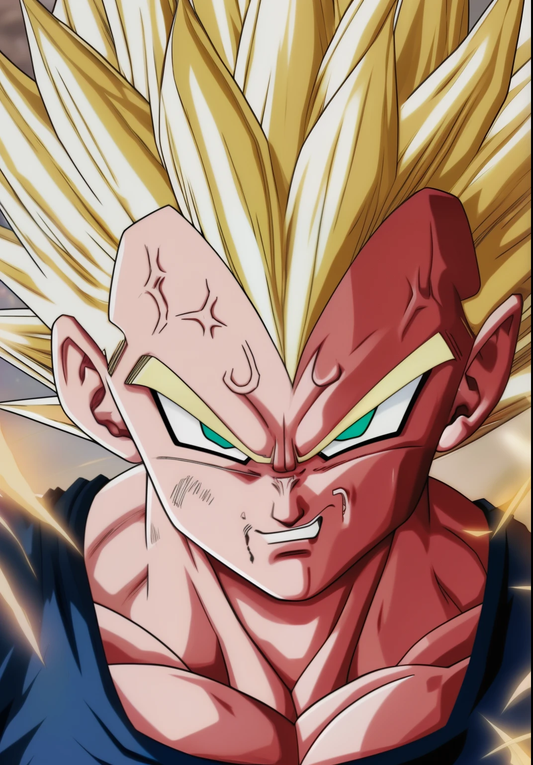 A Majin2 portrait, digital art, blonde ,blonde eyebrows,digital art, clenched fists, looking,full head,anatomically correct, (((8k resolution))) , M in front, copy of Majin Vegeta by Dragon Ball Z, 1 character  master piece,  super definition.