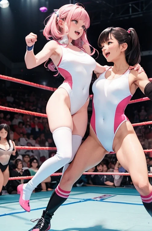 2 cute girls、idol professional wrestler、White Leotard Swimsuit、Pink Leotard Swimsuit、knee high socks、Wrestling boots、professional wrestling、Professional wrestling matches、Lori、Fighting