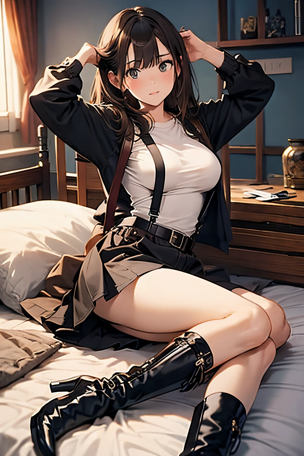 Brown hair、watching at viewers black suspenders Bulging big breasts walls: Black miniskirt garters Gaze Small face bangss holster Belt Armament Beautuful Women srestrained hands up Lying in bed Leg holster lying on the bed Gaze black boots panty shot