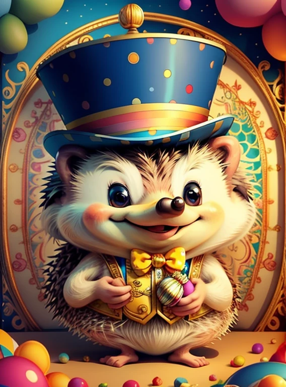 (cute hedgehog smiling with top hat in the circus), Munchkin ,Geometric multidimensional wall portrait, livro de arte, Tchibi,
Yang08k, Beautiful, Colouring,
Obras, of the highest quality, best quality, Arte Oficial, Beautiful and Aesthetic,