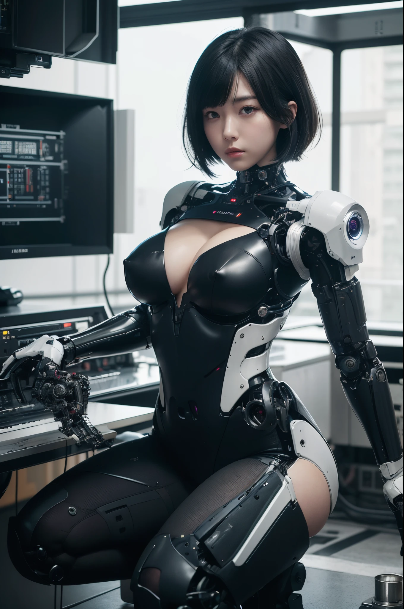 masterpiece, best quality, (photorealistic:1.4), (RAW photo)(8K, 4K, Best Quality, hight resolution, 超A high resolution:1.1), (masutepiece, Realistic, Photorealsitic:1.1), 1girl in, Japaese Cyborg Girl,Plump , announcer,control panels,android,Droid,Mechanical Hand, ,clothes with a sense of mechanical technology, Robot arms and legs, Black Robot Parts,Black hair,Mechanical body,Blunt bangs,White abdomen,White robotics parts,tube dress,perfect robot woman,perfect android woman, perfect mechanical woman,future laboratory,android factory,cyborg factory,robot factory,cyber pank,charging spot,long tube,thick cable connected her neck,bowing,maintainance her,repaired her,full eyes,dark black tights,a bit chubby