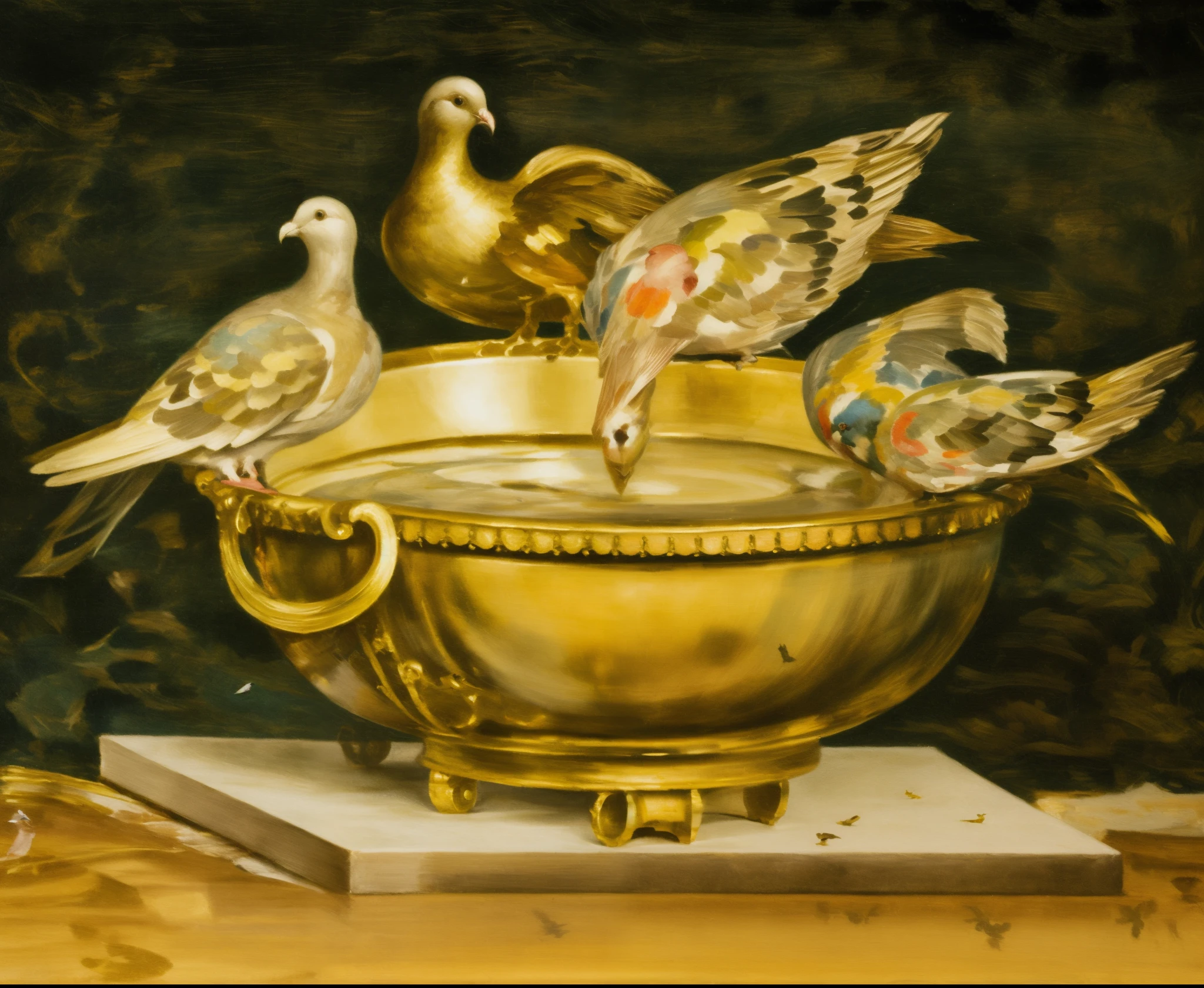 painting of a bowl with doves on top of it on a table, by François Girardon, on a marble pedestal, by Gillis d'Hondecoeter, by Anna Füssli, by Melchior d'Hondecoeter, 1 9 th century, 19th century, triumphant, by Serafino De Tivoli