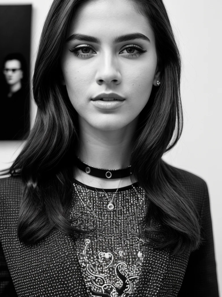 (full body shot, ultra-detailed, best quality, photorealistic:1.37, 4k, realistic, portrait, photography, Fashion Model, iconic pose, dressing fashion clothes with optical black and white design on it, detailed facial features, black and white optical art in the background, vibrant colours, 35mm)