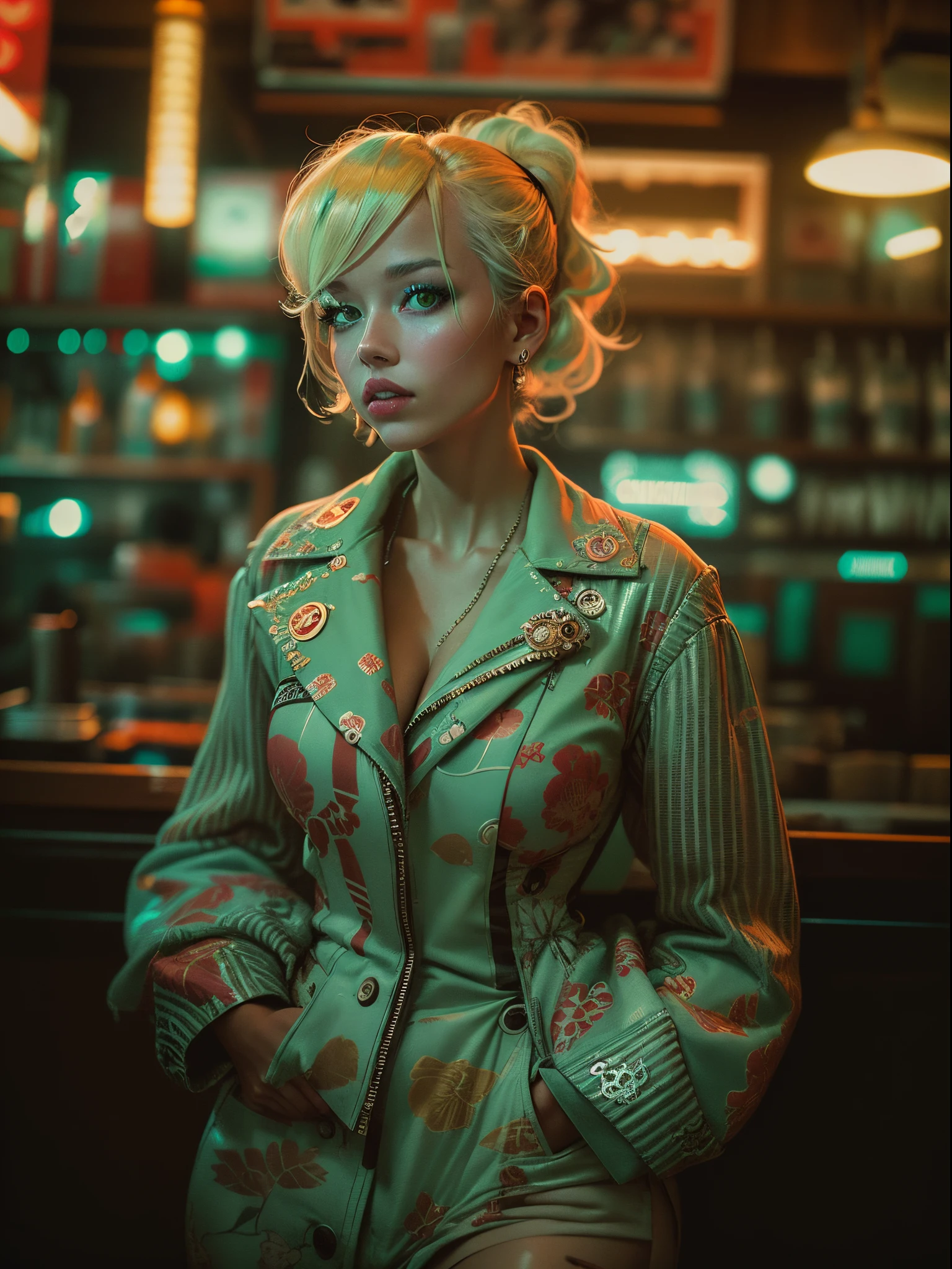 analogue photo of young blonde woman with cyberpunk hair, (((big boobs))) in a 1950 korean bar, ((green and red neon lights)), (((((high fashion clothes in the style of Alexander McQueen))))), supermodel, sexy model poses, masterpiece, eye level, Kodak Funsaver, Porta 160, 20mm, bokeh, in the style of Nan Goldin, textured, distressed, ((vintage)), edgy, noisy, high contrast, ((unframing))