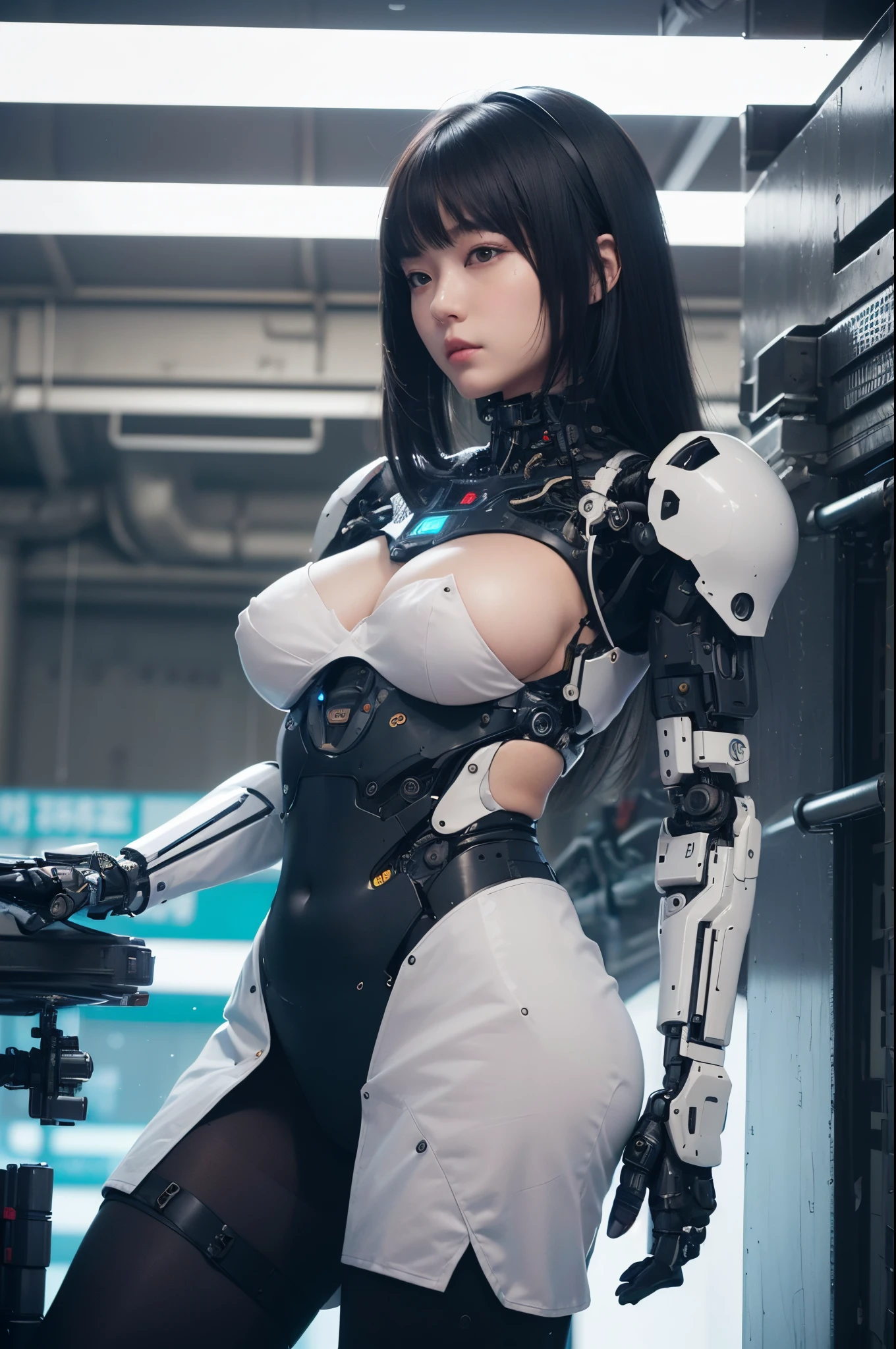 masterpiece, best quality, (photorealistic:1.4), (RAW photo)(8K, 4K, Best Quality, hight resolution, 超A high resolution:1.1), (masutepiece, Realistic, Photorealsitic:1.1), 1girl in, Japaese Cyborg Girl,Plump , announcer,control panels,android,Droid,Mechanical Hand, ,clothes with a sense of mechanical technology, Robot arms and legs, Black Robot Parts,Black hair,Mechanical body,Blunt bangs,White abdomen,White robotics parts,tube dress,perfect robot woman,perfect android woman, perfect mechanical woman,future laboratory,android factory,cyborg factory,robot factory,cyber pank,charging spot,long tube,thick cable connected her neck,bowing,maintainance her,repaired her,full eyes,dark black tights,a bit chubby