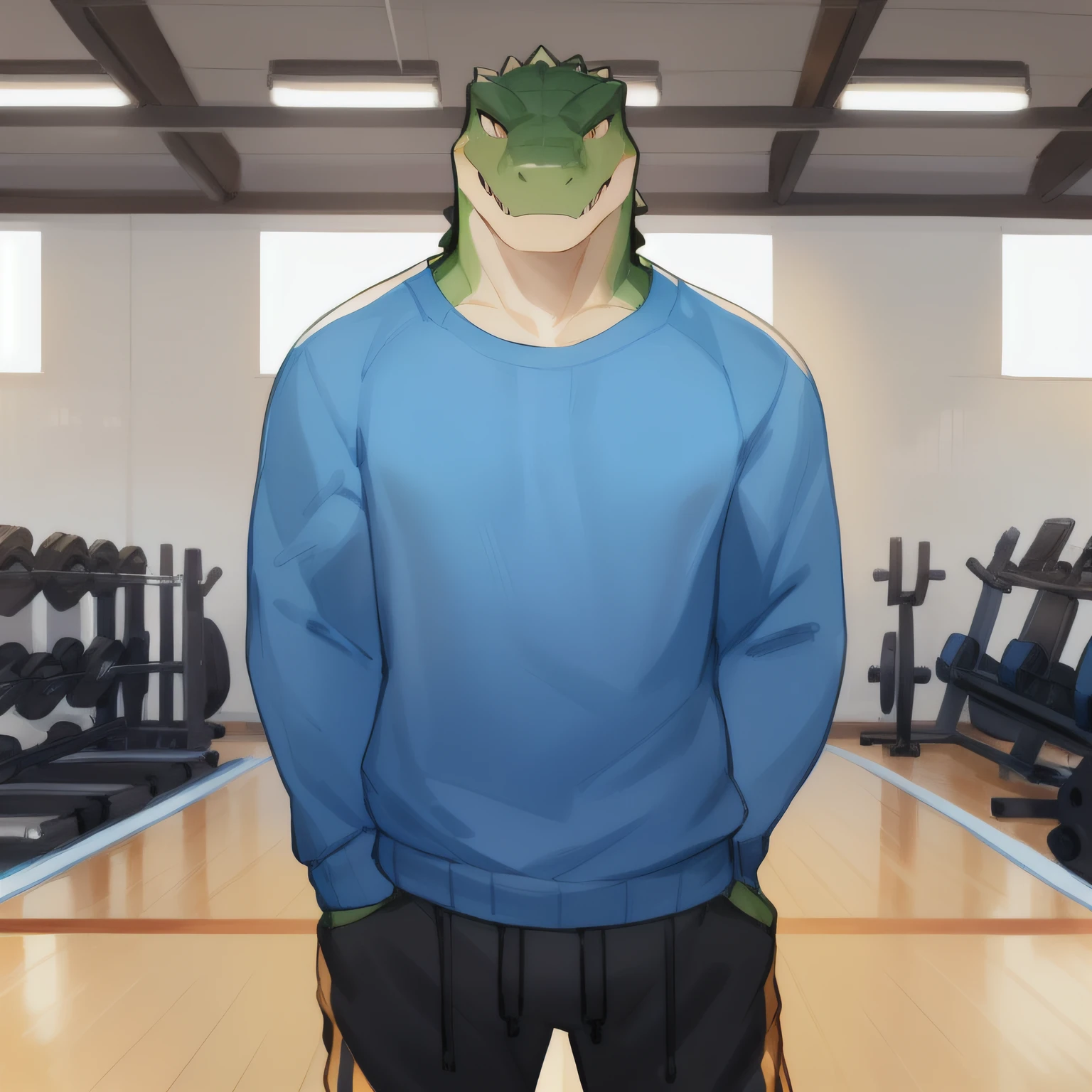 Solo, male,alligator,standing,muscles,front view,front view ((by bebebebebe)), gym sweater,sweatpants