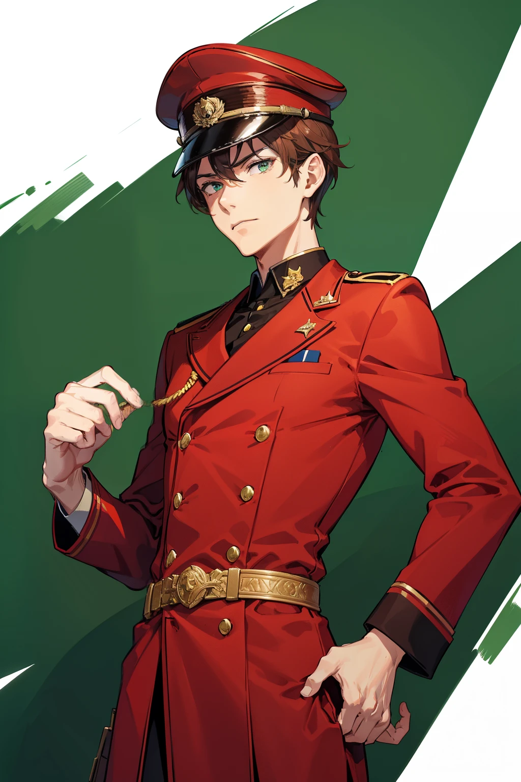 1man, old, slim, red uniform, short brown hair, green eyes, serious, best quality, masterpiece, ulta-detailed, red fedora